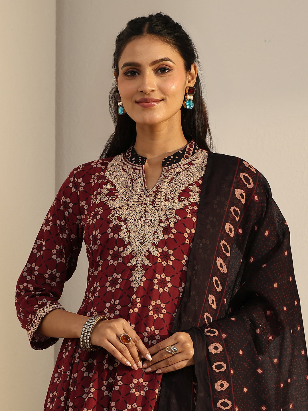  Libas Rust Brown Ajrakh Yoke Embroidered Cotton Anarkali Suit Set 