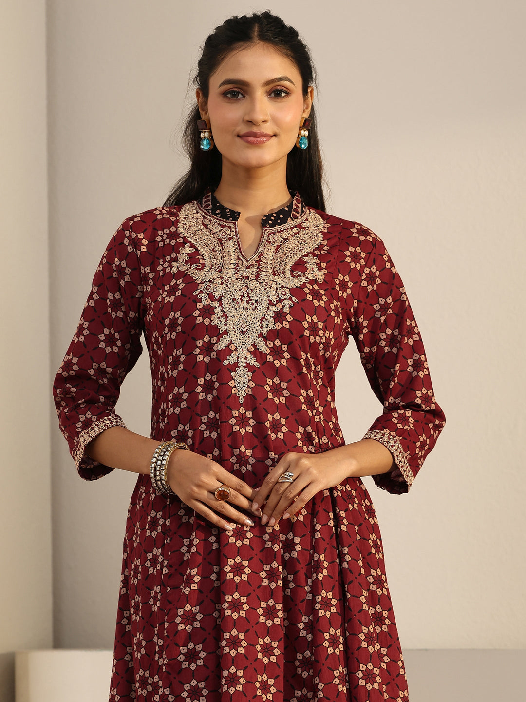  Libas Rust Brown Ajrakh Yoke Embroidered Cotton Anarkali Suit Set 