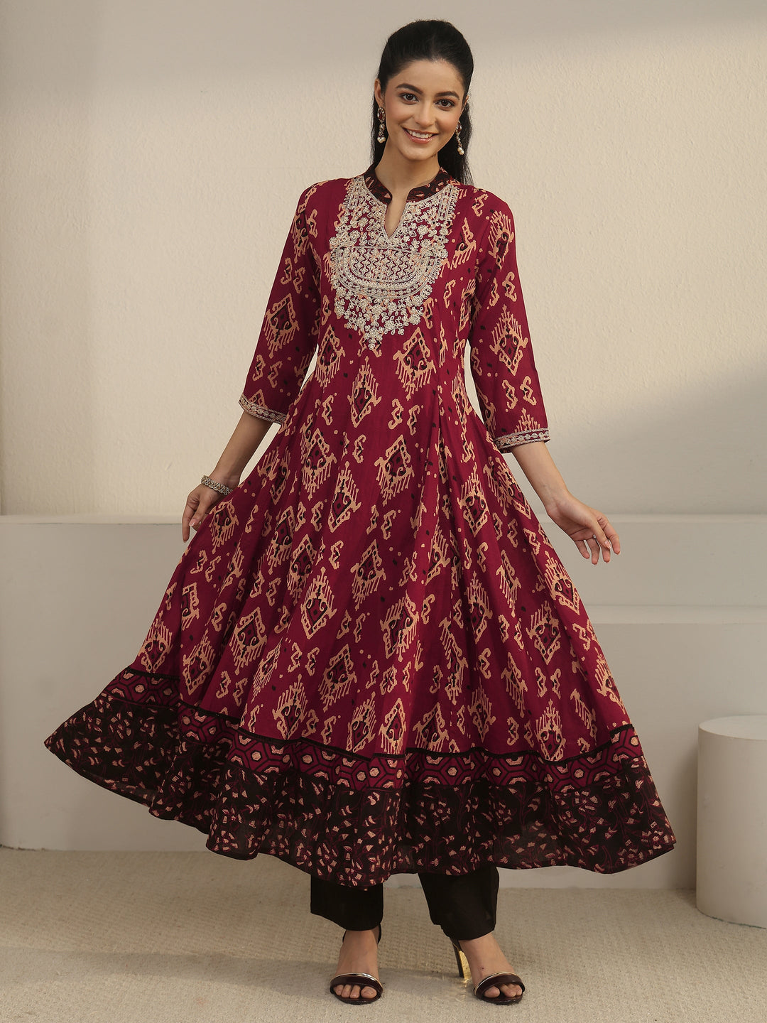  Libas Rust Brown Ajrakh Yoke Embroidered Cotton Anarkali Suit Set 