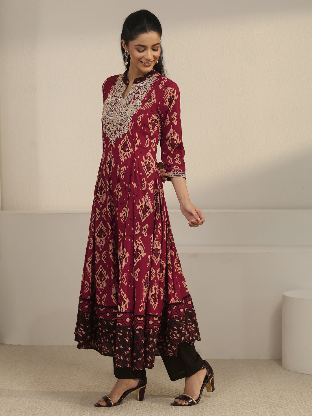  Libas Rust Brown Ajrakh Yoke Embroidered Cotton Anarkali Suit Set 