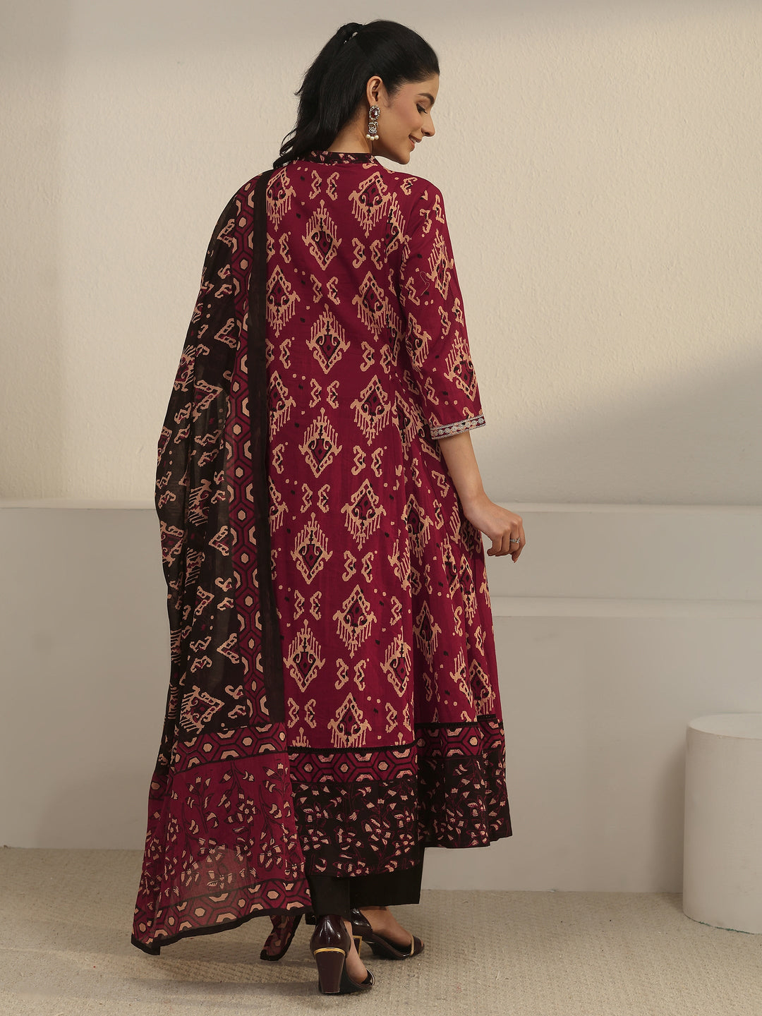  Libas Rust Brown Ajrakh Yoke Embroidered Cotton Anarkali Suit Set 