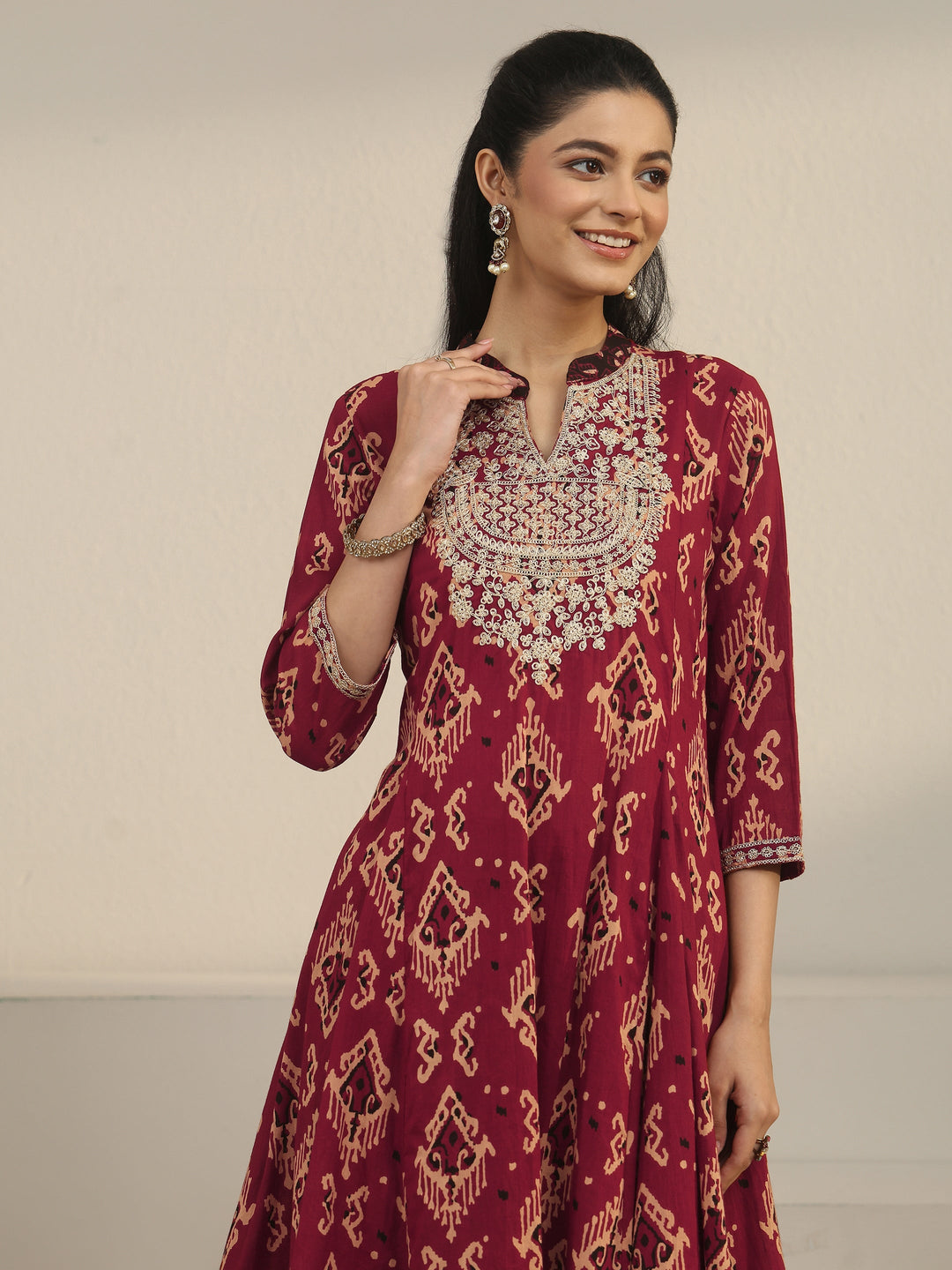  Libas Rust Brown Ajrakh Yoke Embroidered Cotton Anarkali Suit Set 