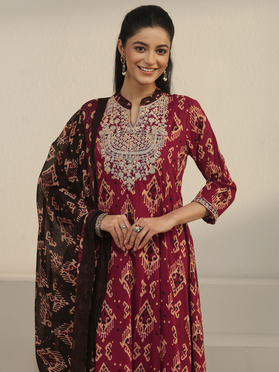  Libas Rust Brown Ajrakh Yoke Embroidered Cotton Anarkali Suit Set 