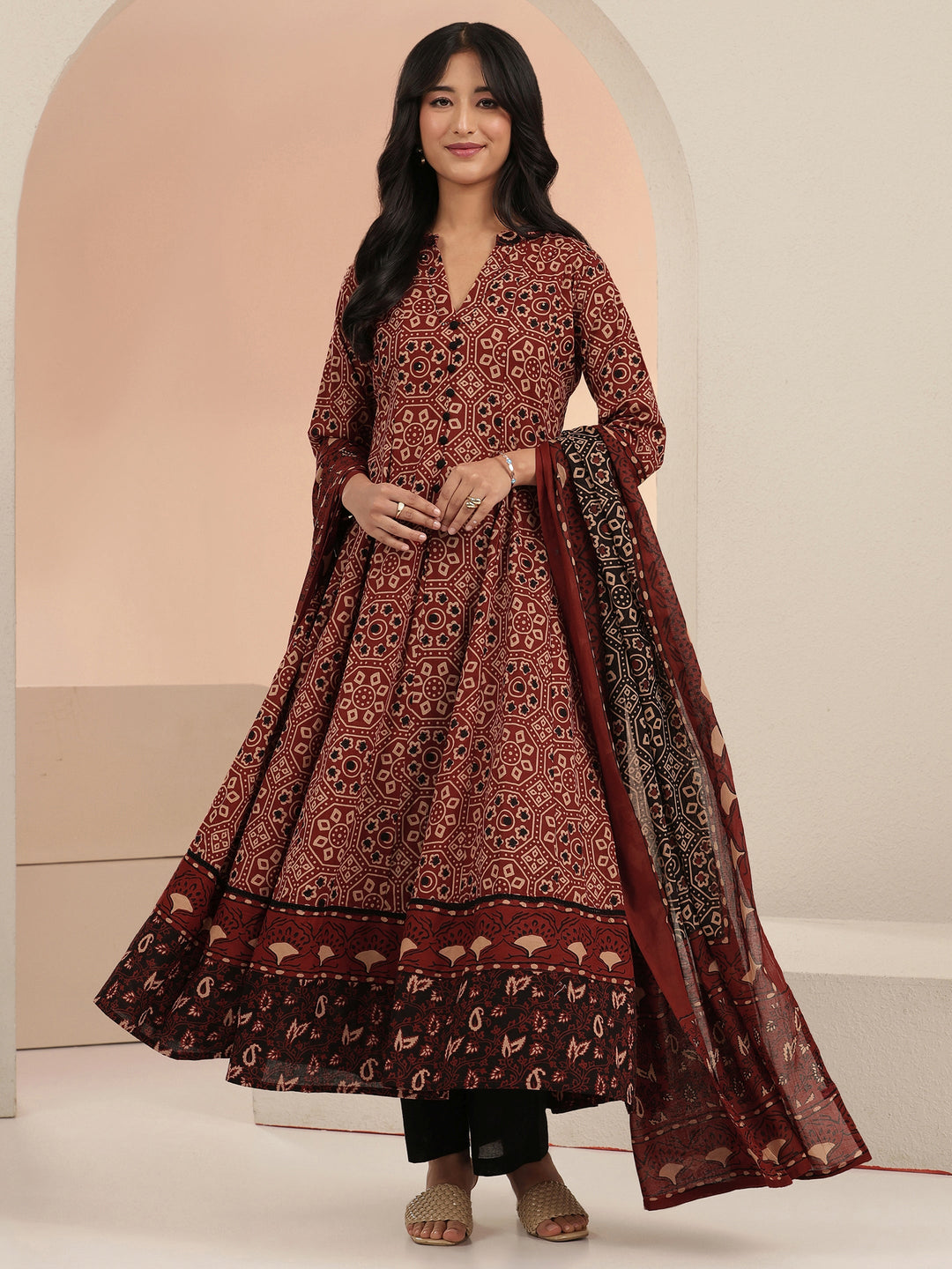  Rust Ajrakh Printed Cotton Anarkali Suit Set 