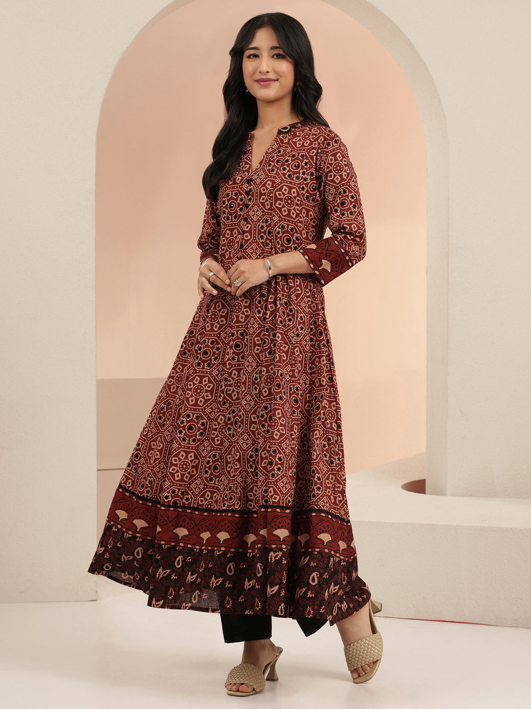  Rust Ajrakh Printed Cotton Anarkali Suit Set 