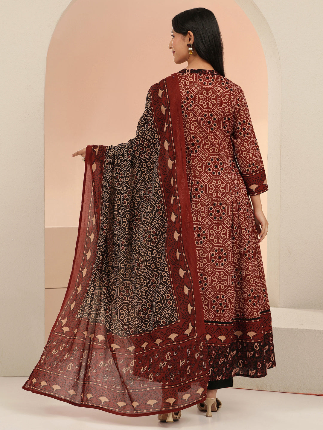  Rust Ajrakh Printed Cotton Anarkali Suit Set 