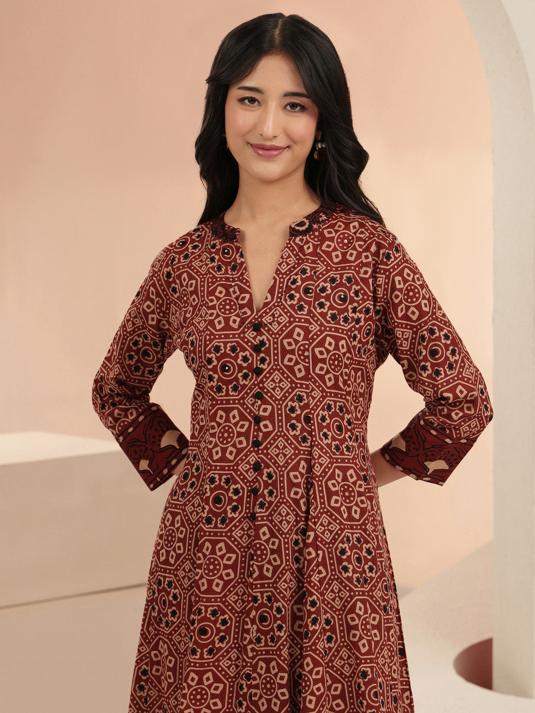  Rust Ajrakh Printed Cotton Anarkali Suit Set 