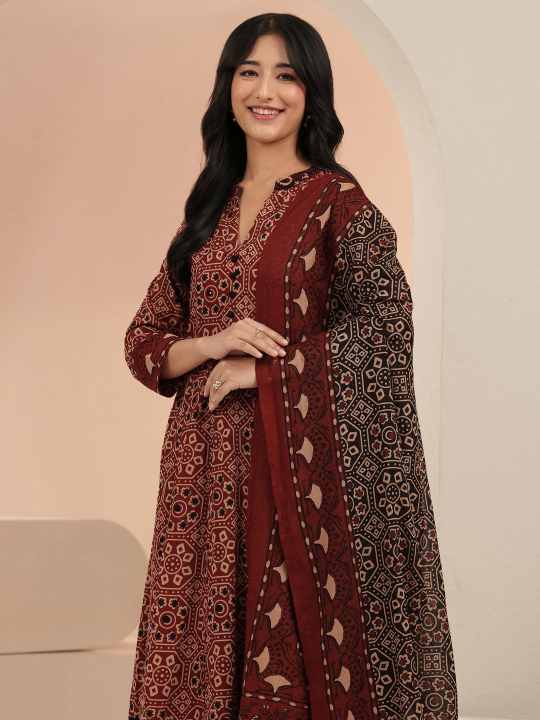  Rust Ajrakh Printed Cotton Anarkali Suit Set 