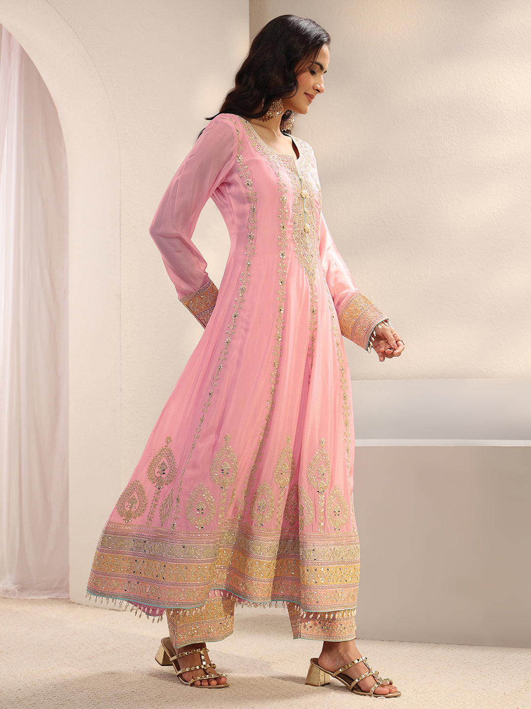  Libas Art Pink Ethnic Embellished Chinon Anarkali Suit Set With Dupatta 