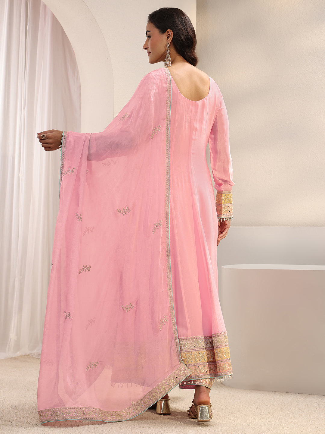  Libas Art Pink Ethnic Embellished Chinon Anarkali Suit Set With Dupatta 