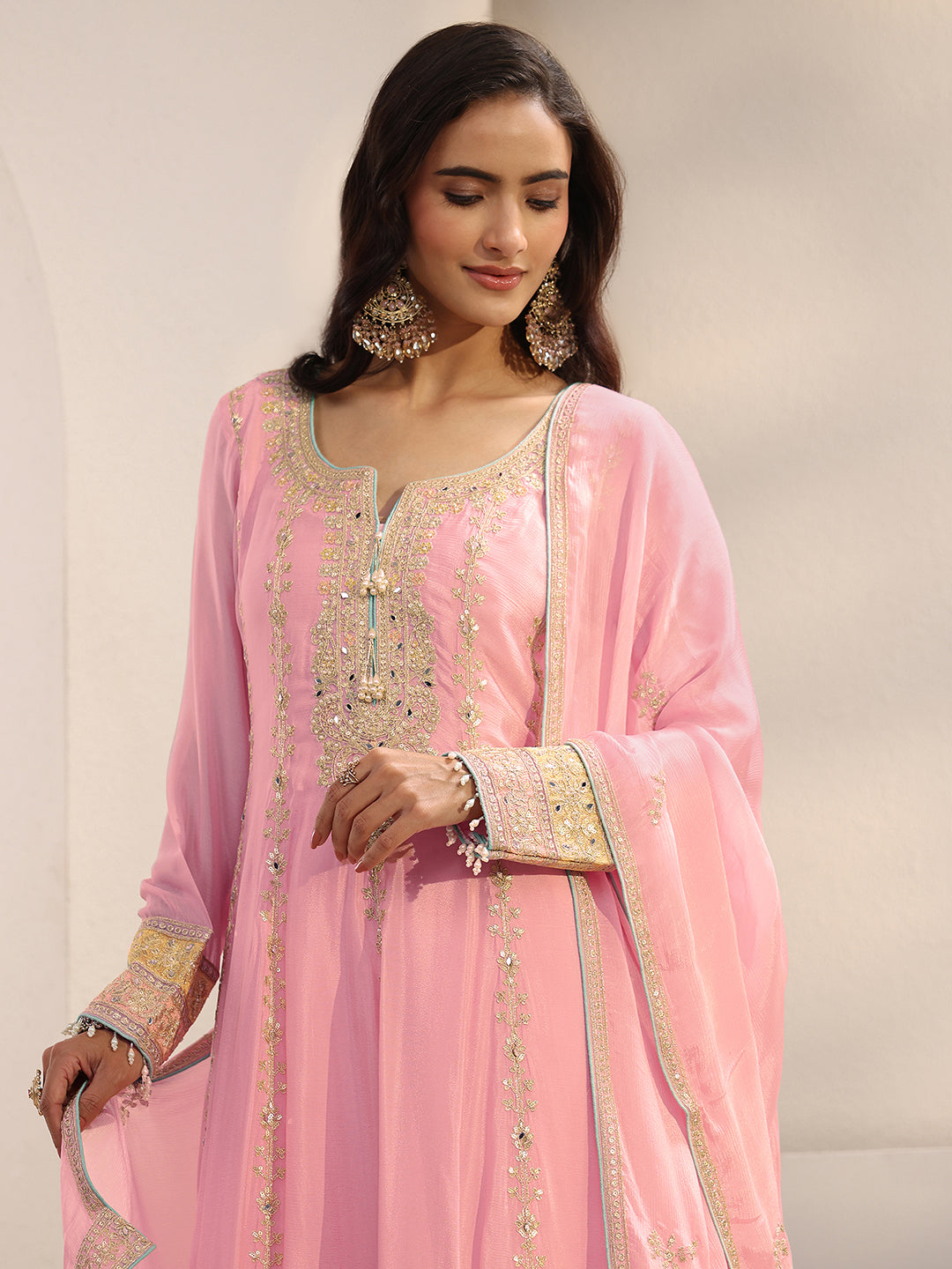  Libas Art Pink Ethnic Embellished Chinon Anarkali Suit Set With Dupatta 