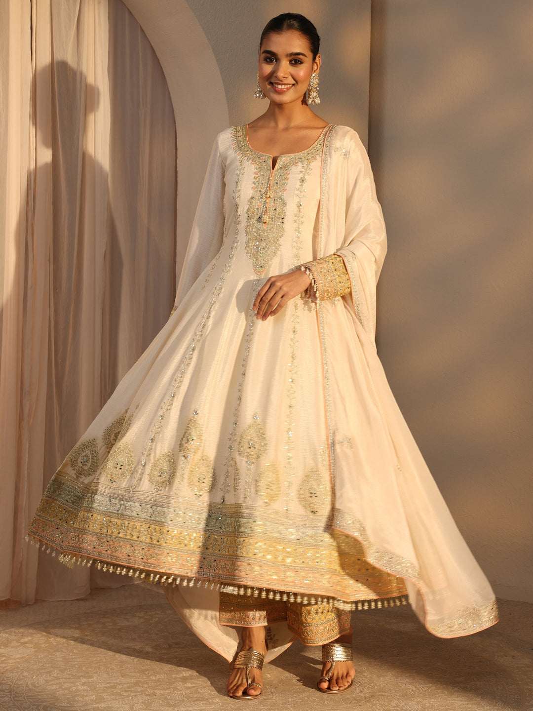  Libas Art Cream Ethnic Embroidered Chinon A-Line Suits Set With Dupatta 