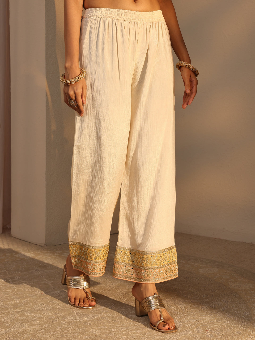  Libas Art Cream Ethnic Embroidered Chinon A-Line Suits Set With Dupatta 
