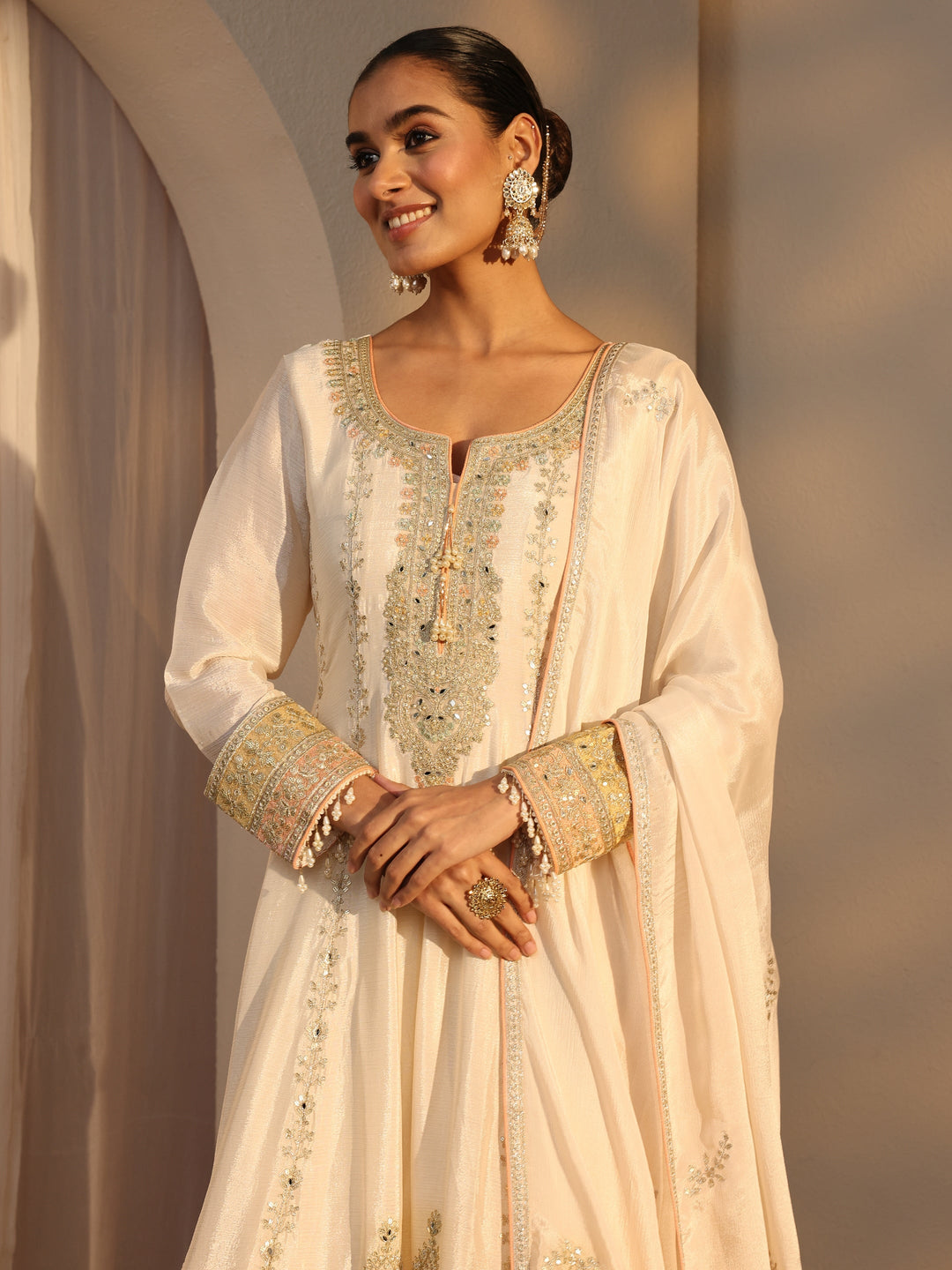  Libas Art Cream Ethnic Embroidered Chinon A-Line Suits Set With Dupatta 