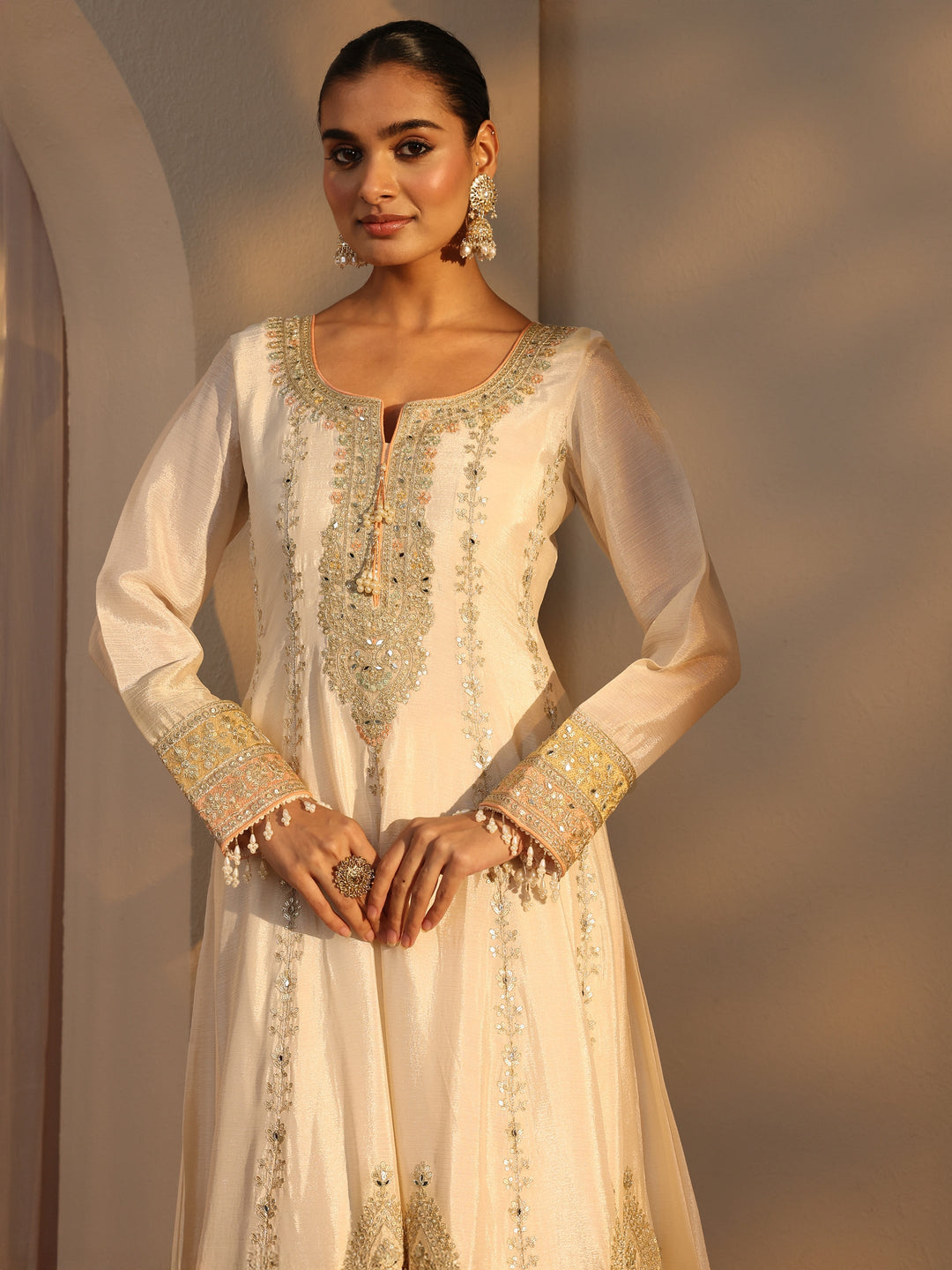  Libas Art Cream Ethnic Embroidered Chinon A-Line Suits Set With Dupatta 