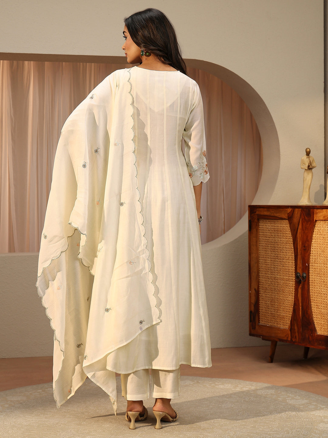  Cream Floral Embroidered Silk blend A-Line Suit Set 
