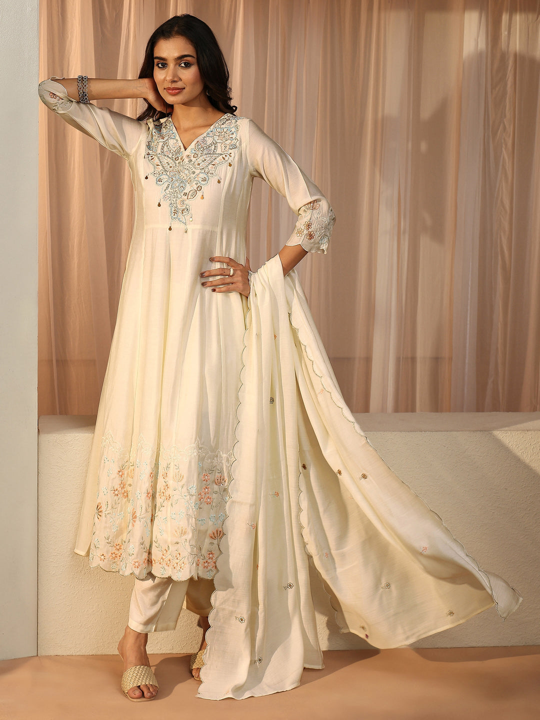  Cream Floral Embroidered Silk blend A-Line Suit Set 