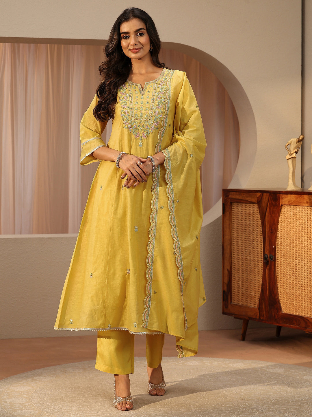  Yellow Floral Embroidered Silk Blend A-Line Suit Set 