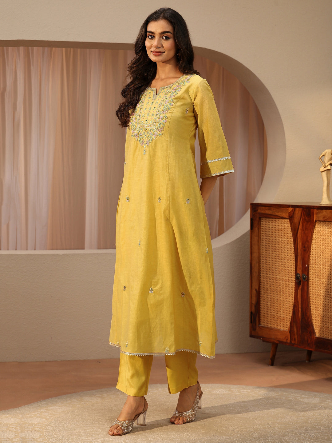  Yellow Floral Embroidered Silk Blend A-Line Suit Set 