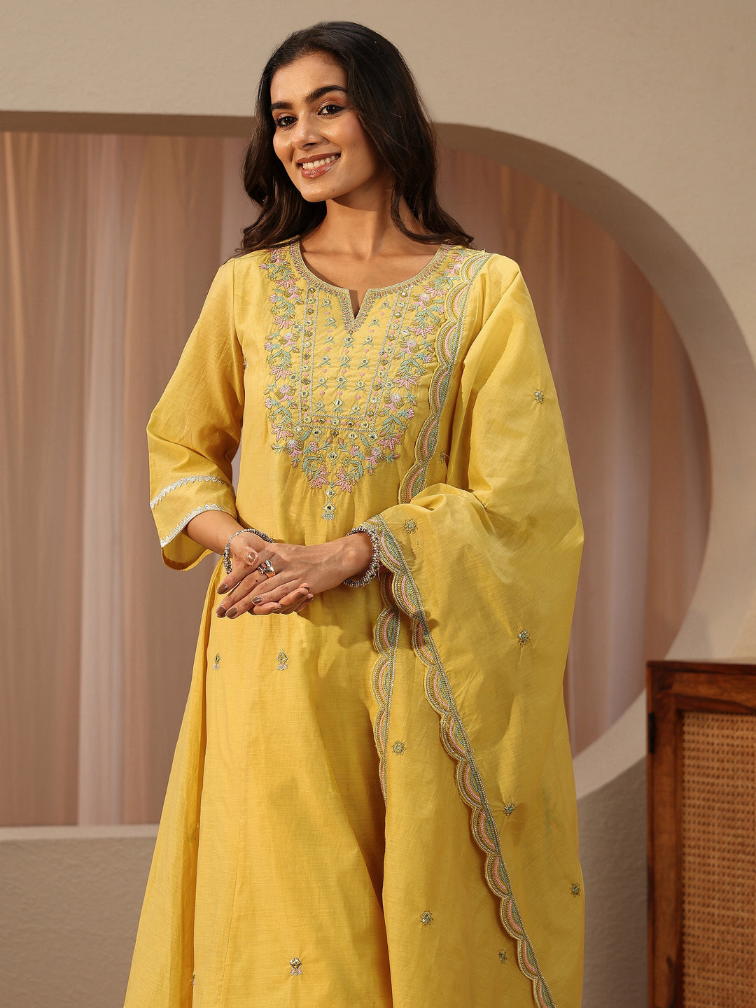  Yellow Floral Embroidered Silk Blend A-Line Suit Set 