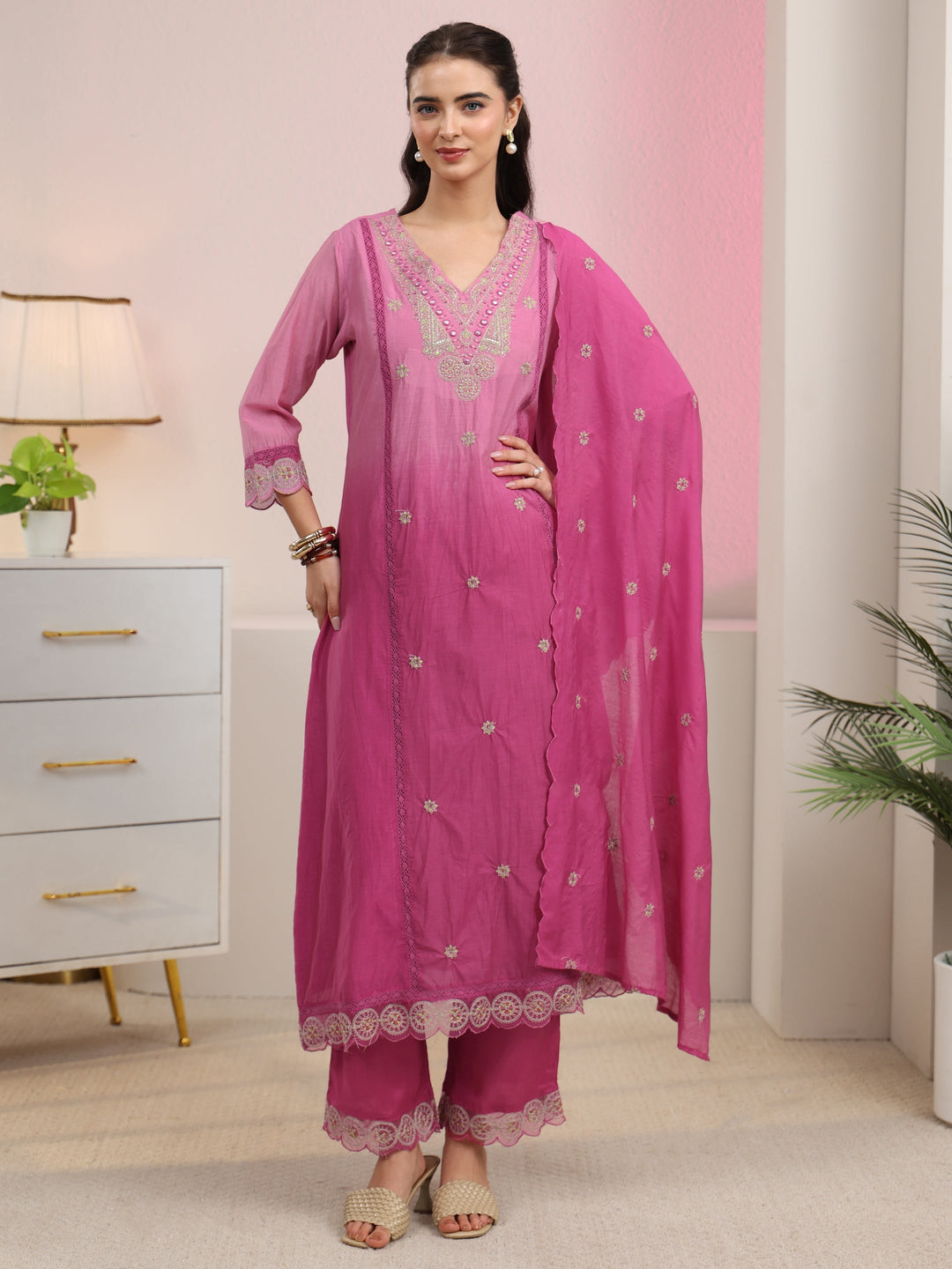  Libas Rani Pink Embroidered Silk Blend A-Line Suit Set 