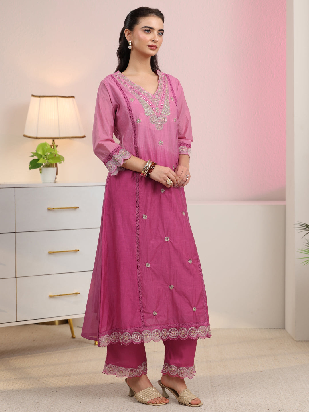  Libas Rani Pink Embroidered Silk Blend A-Line Suit Set 