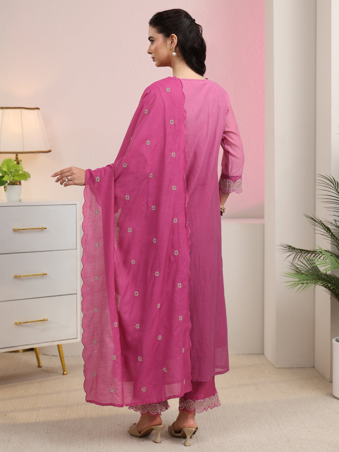  Libas Rani Pink Embroidered Silk Blend A-Line Suit Set 
