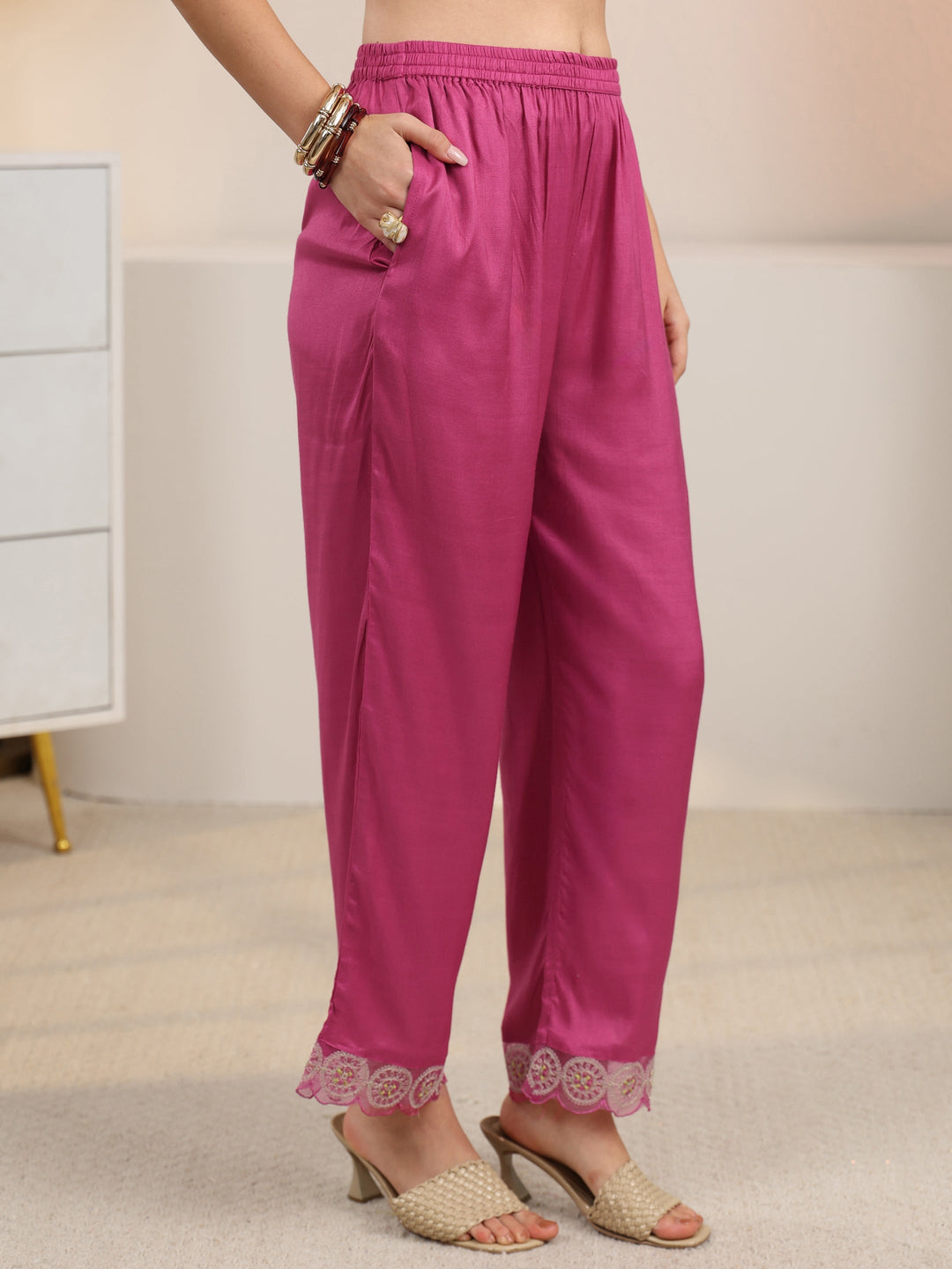  Libas Rani Pink Embroidered Silk Blend A-Line Suit Set 