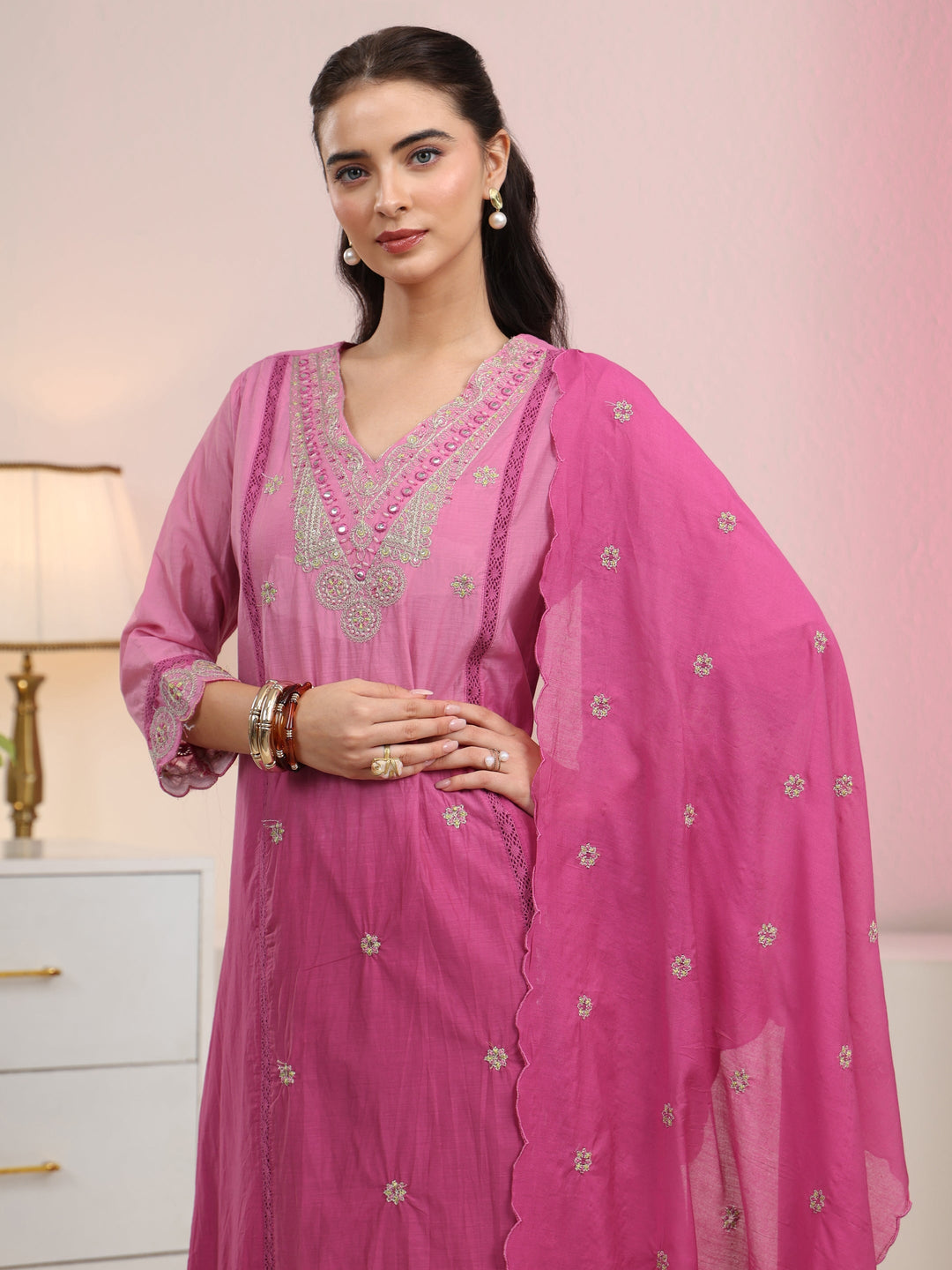  Libas Rani Pink Embroidered Silk Blend A-Line Suit Set 