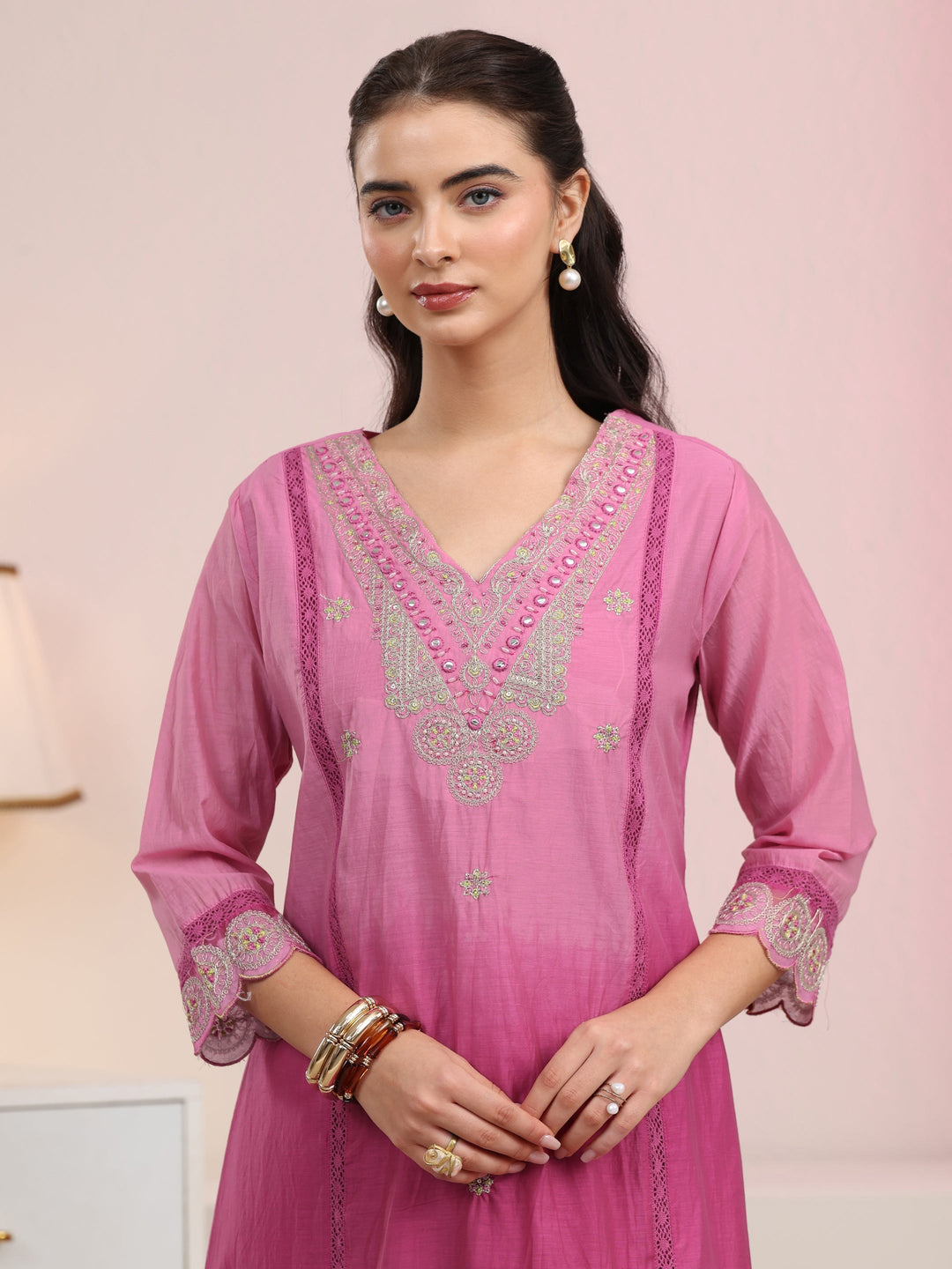  Libas Rani Pink Embroidered Silk Blend A-Line Suit Set 
