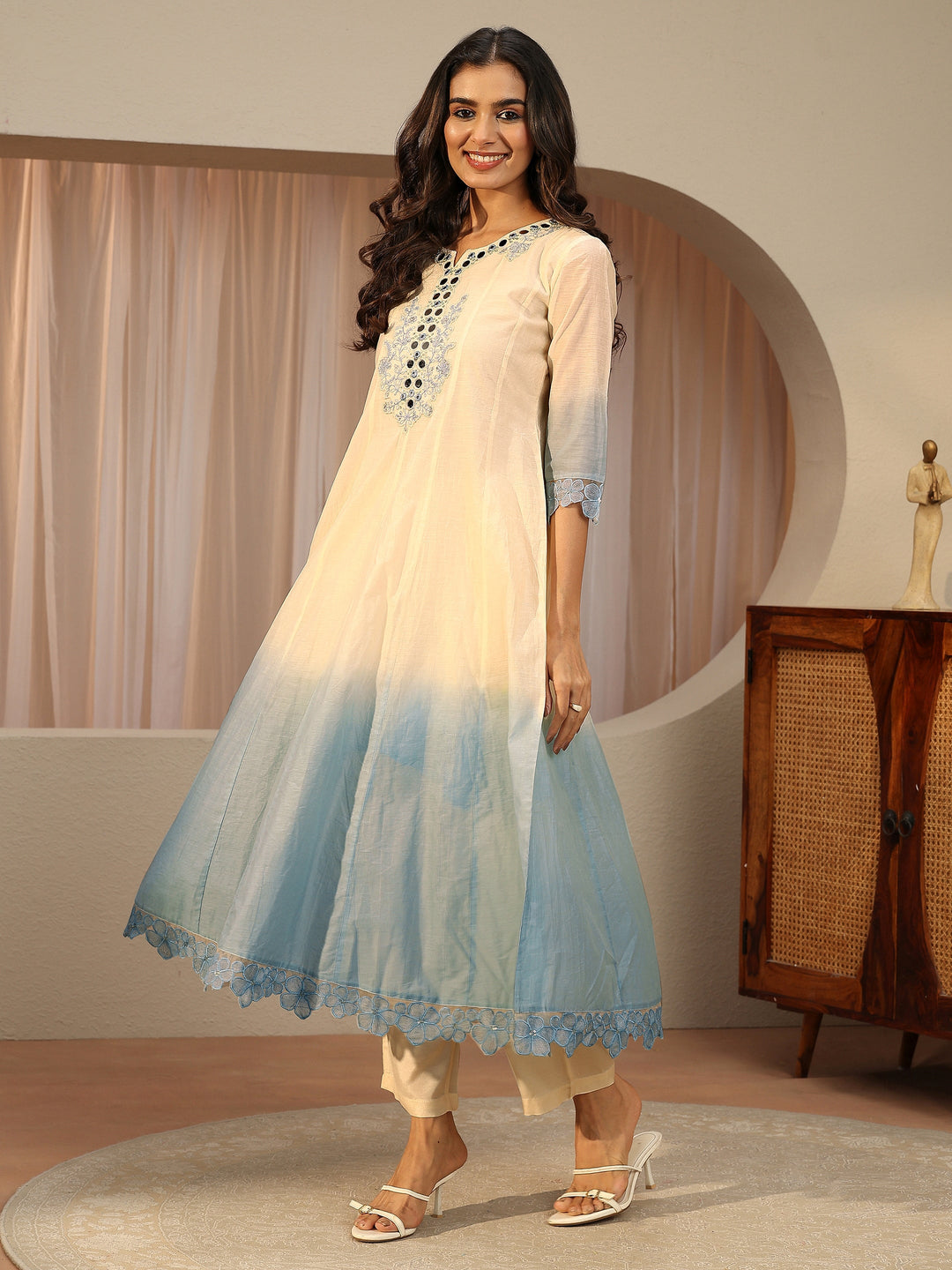  White Floral Yoke Silk blend A-Line Suit Set 
