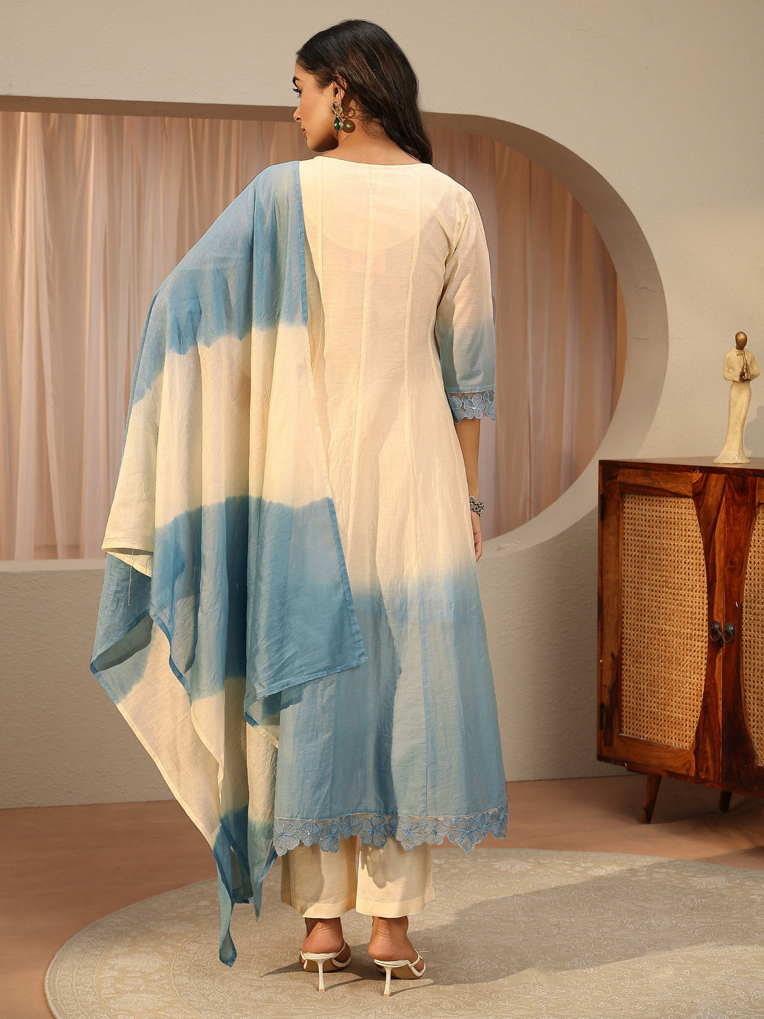  White Floral Yoke Silk blend A-Line Suit Set 