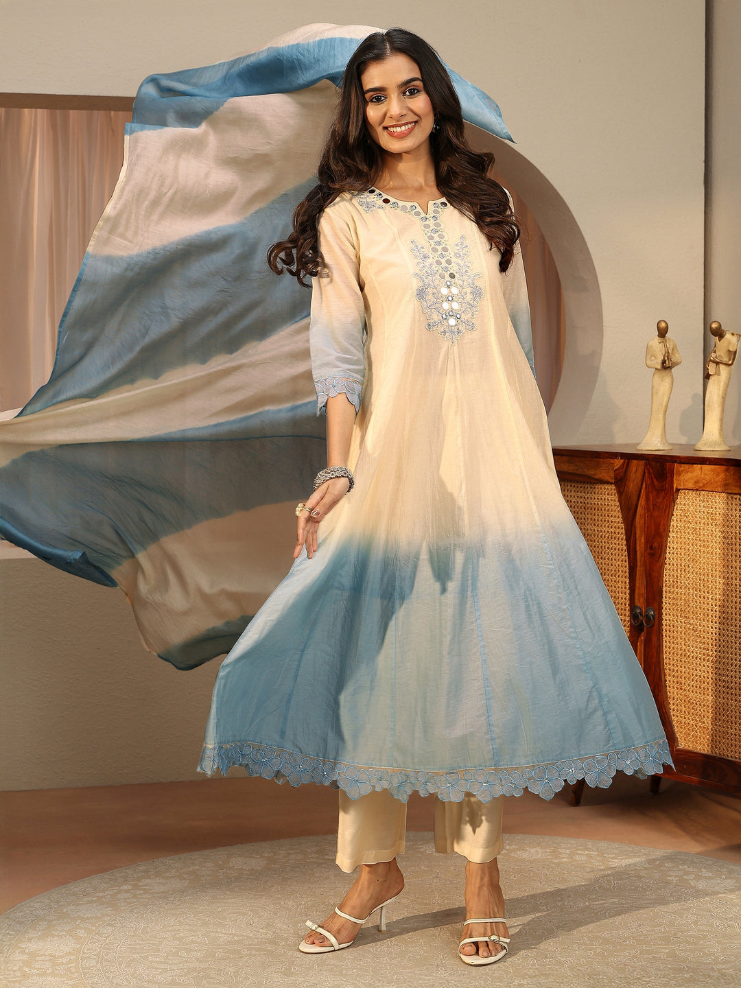  White Floral Yoke Silk blend A-Line Suit Set 