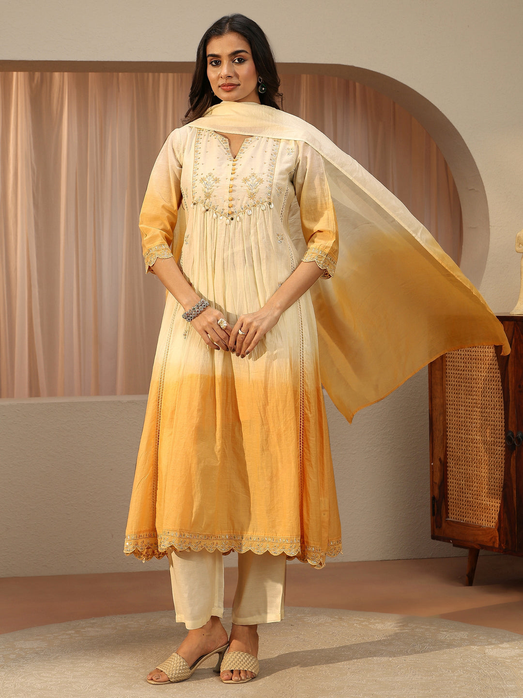  White Floral Embroidered Silk blend Straight Suit Set 