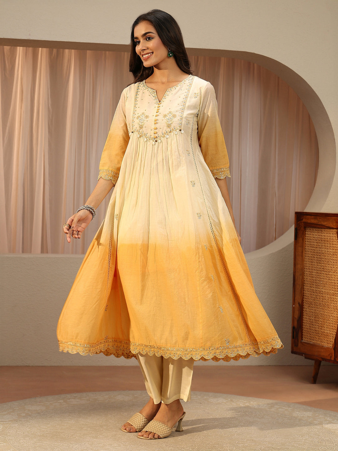  White Floral Embroidered Silk blend Straight Suit Set 