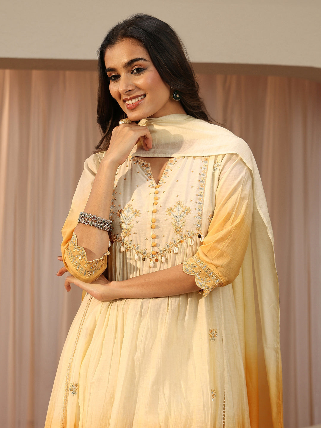  White Floral Embroidered Silk blend Straight Suit Set 