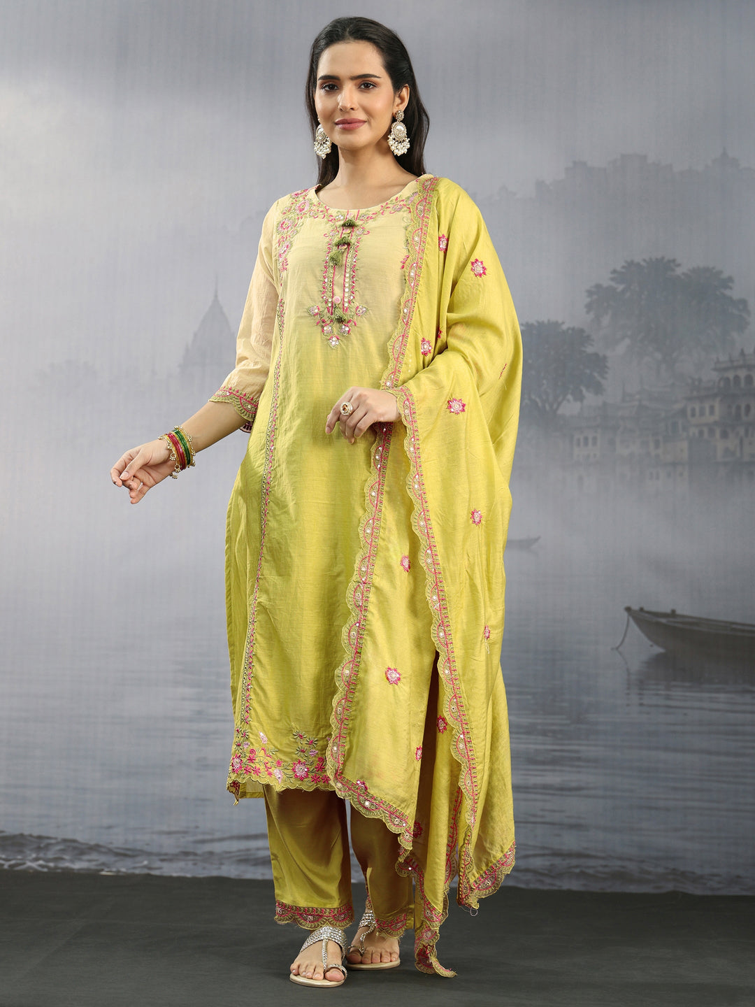  Libas Lime Green Floral Embroidered Silk Blend Straight Suit Set 