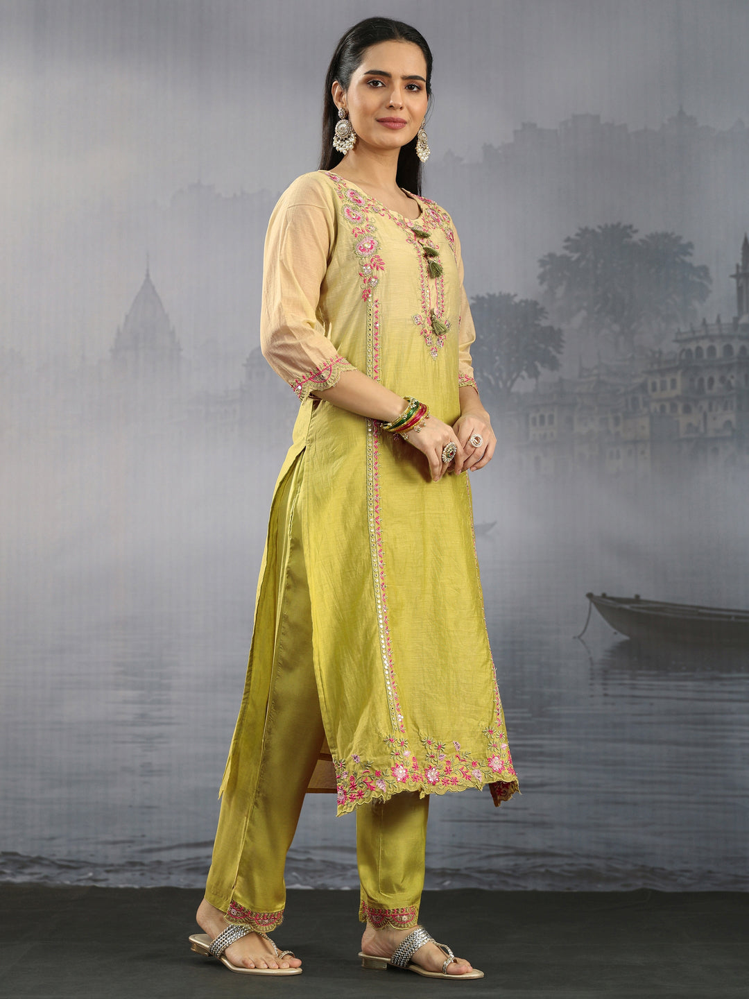  Libas Lime Green Floral Embroidered Silk Blend Straight Suit Set 