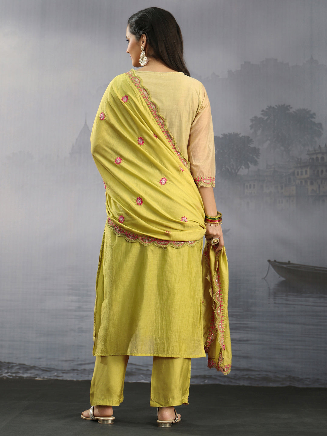  Libas Lime Green Floral Embroidered Silk Blend Straight Suit Set 