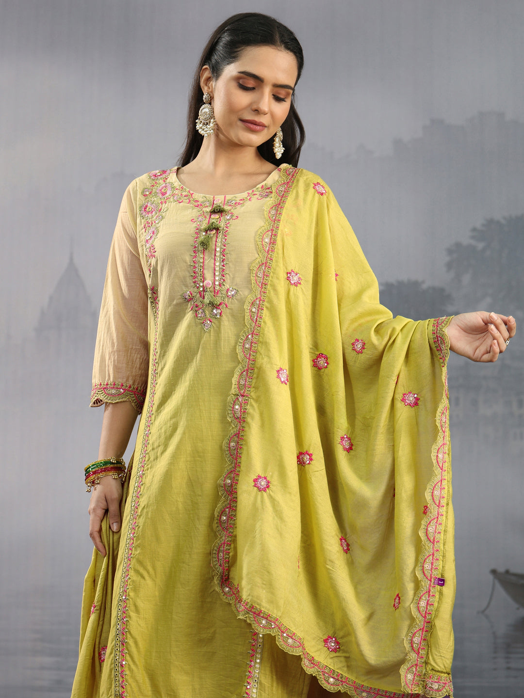  Libas Lime Green Floral Embroidered Silk Blend Straight Suit Set 