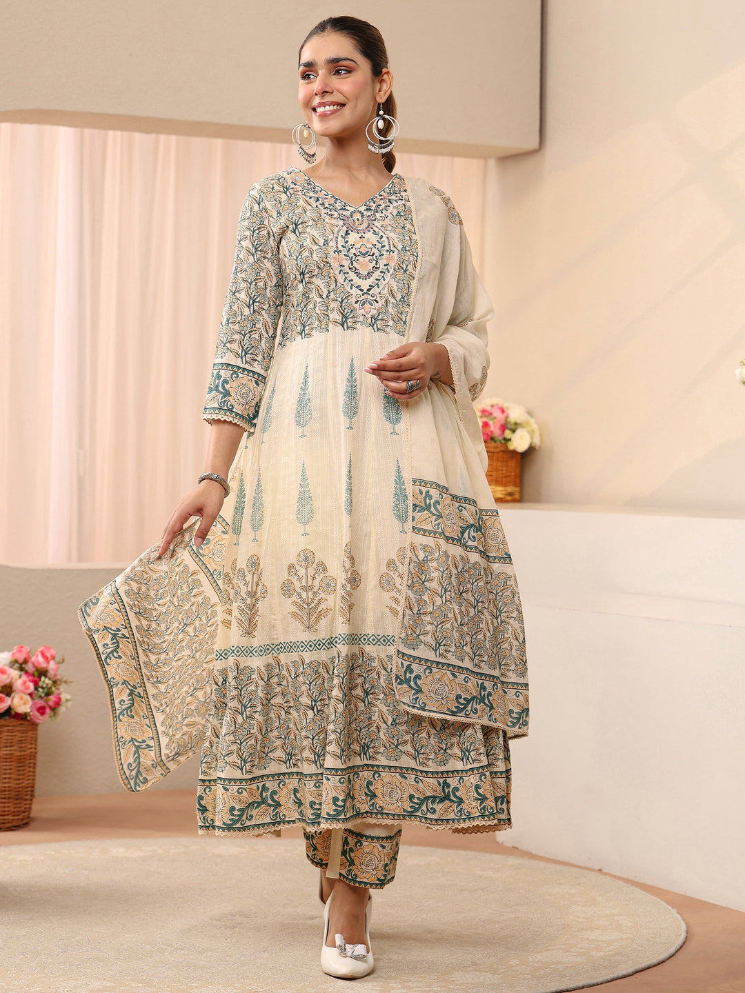  Ivory Floral Printed Cotton Straight Suit Set 
