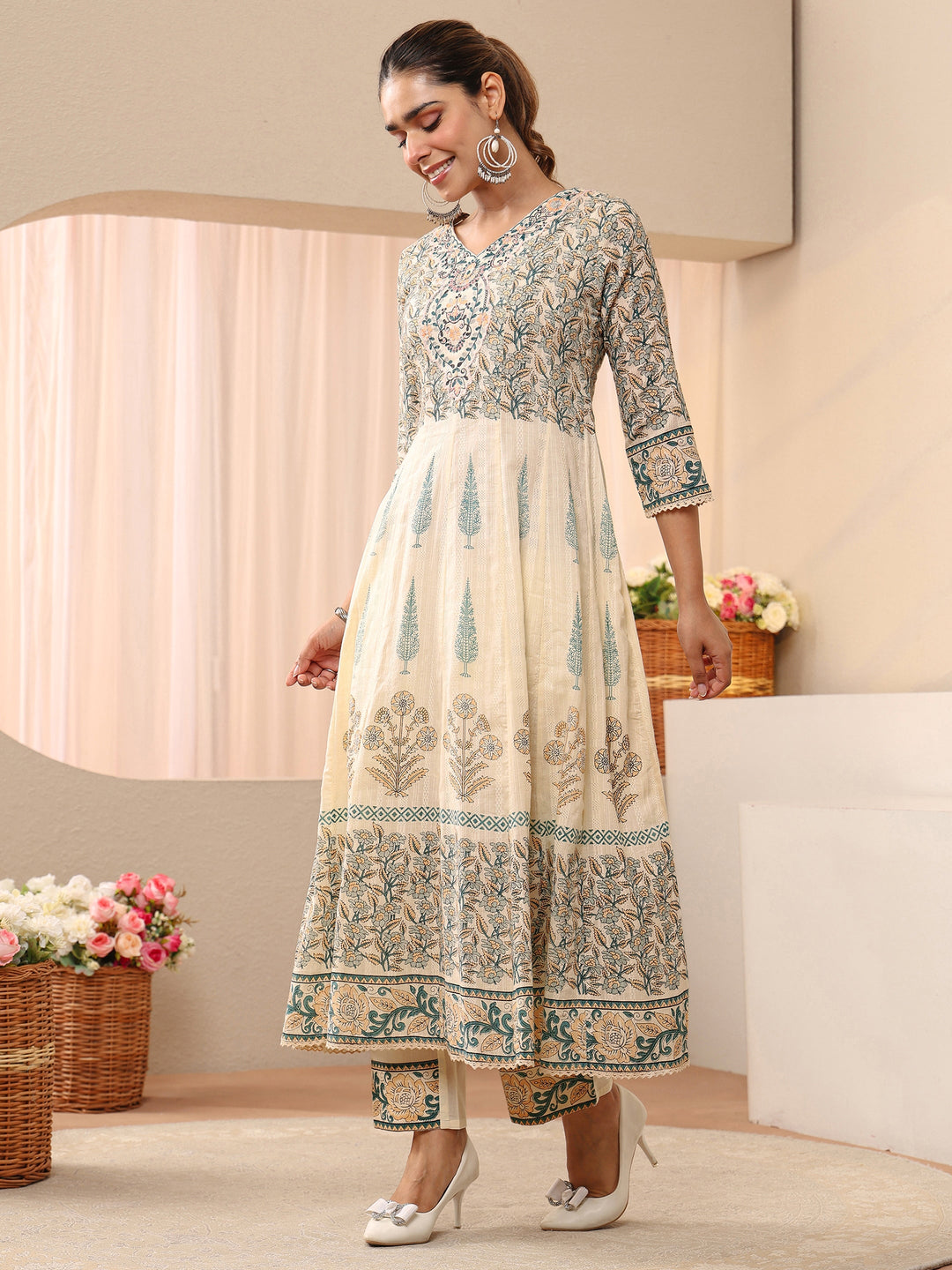 Ivory Floral Printed Cotton Straight Suit Set 