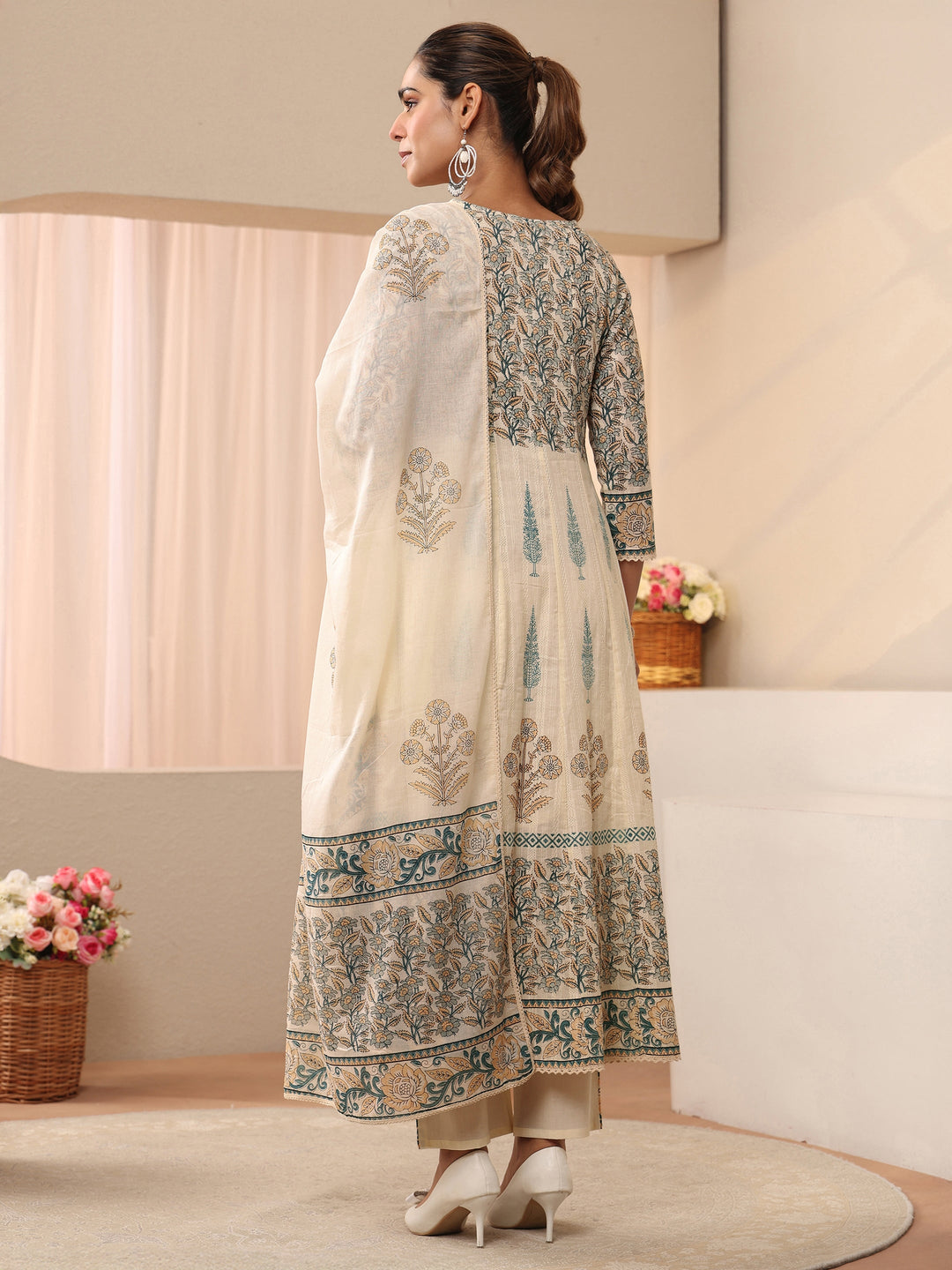  Ivory Floral Printed Cotton Straight Suit Set 