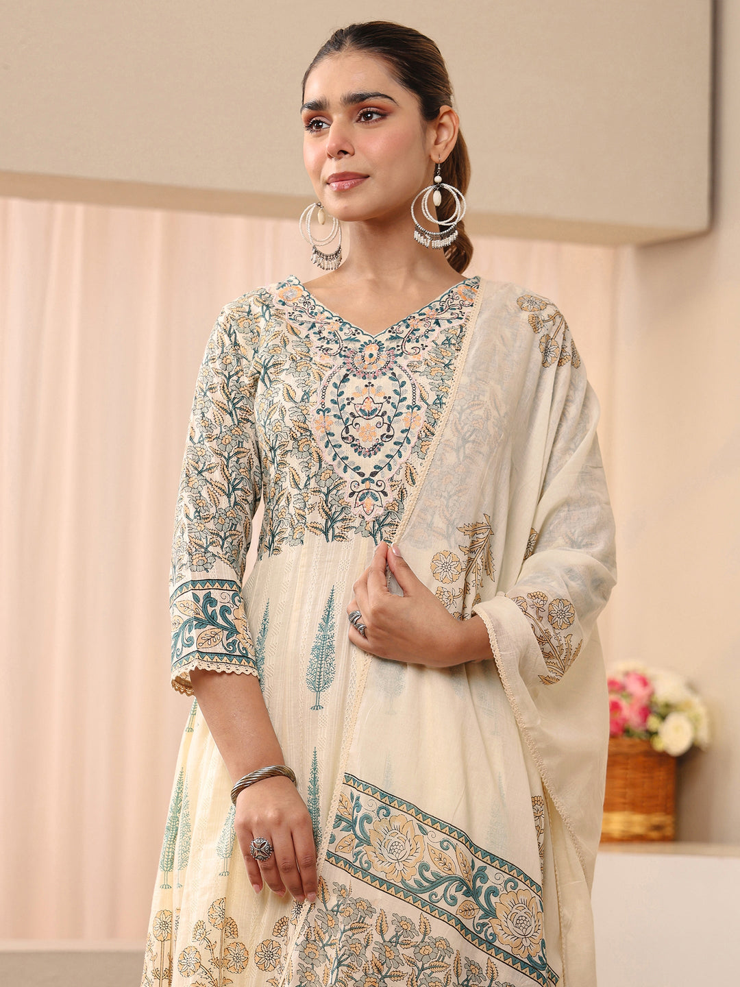  Ivory Floral Printed Cotton Straight Suit Set 