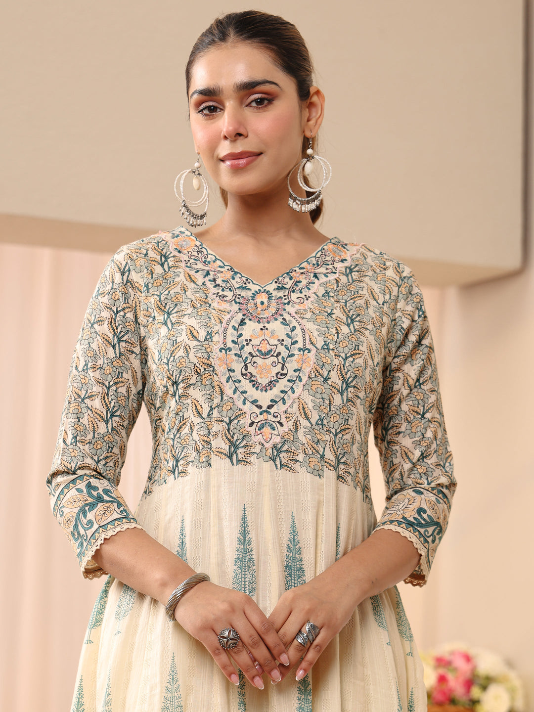  Ivory Floral Printed Cotton Straight Suit Set 
