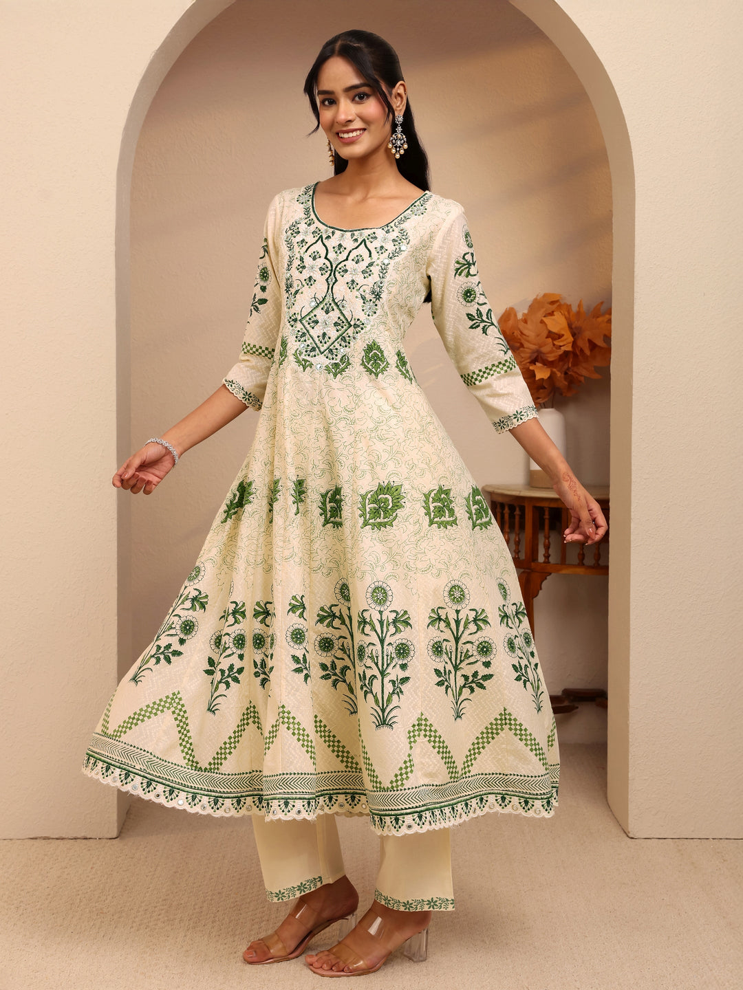  Cream Floral Printed Cotton Anarkali Suit Set 