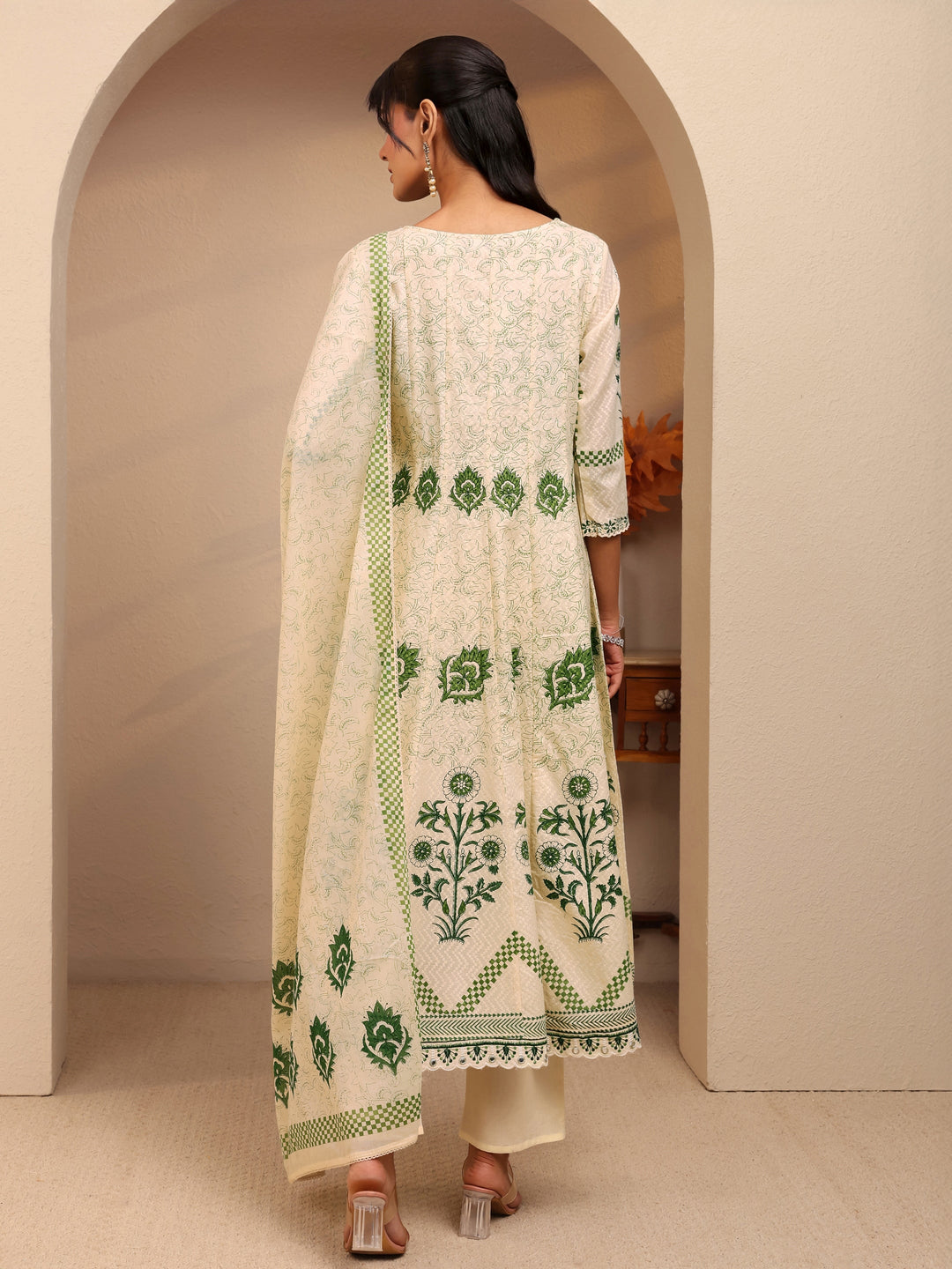  Cream Floral Printed Cotton Anarkali Suit Set 