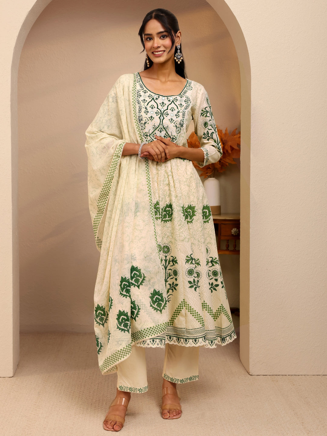  Cream Floral Printed Cotton Anarkali Suit Set 