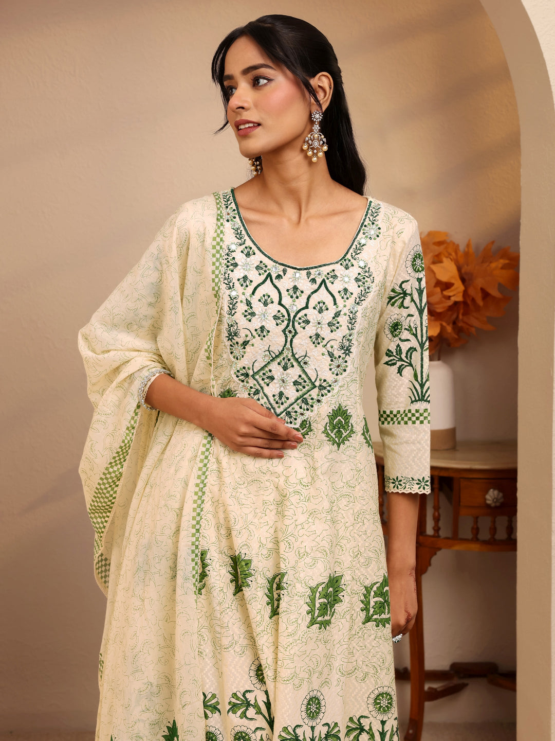  Cream Floral Printed Cotton Anarkali Suit Set 