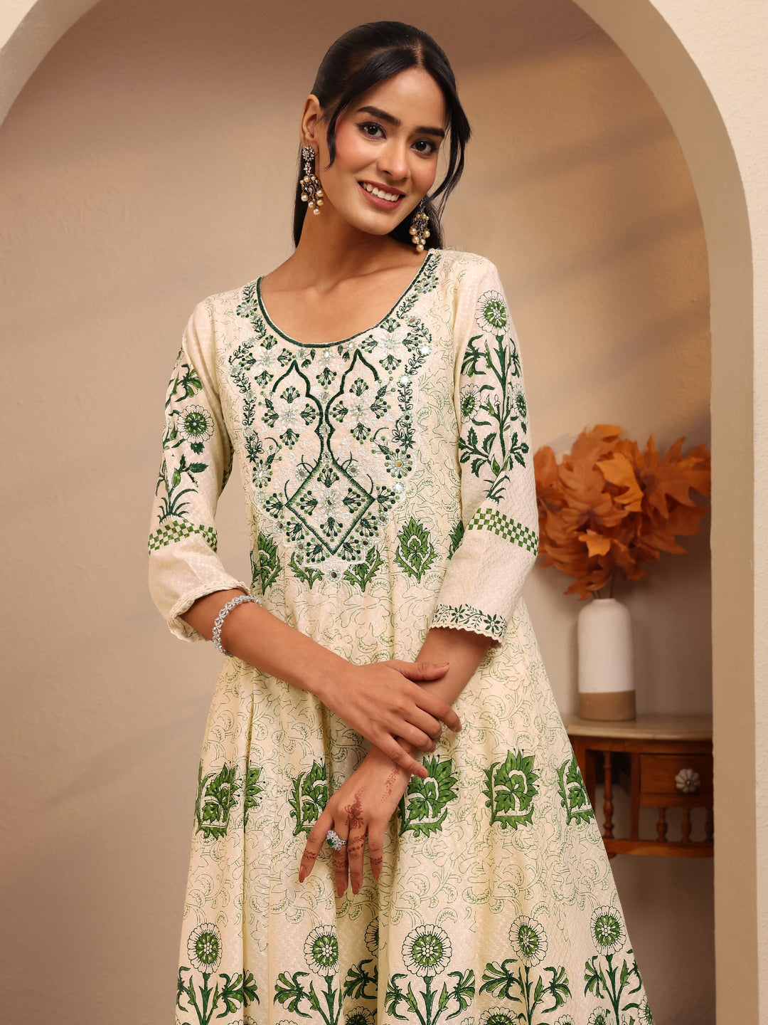  Cream Floral Printed Cotton Anarkali Suit Set 